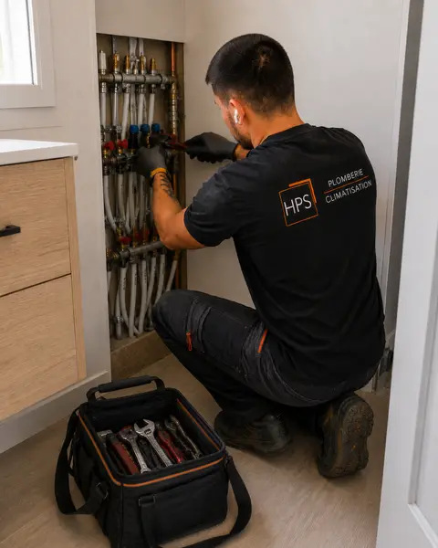 Technicien HPS intervenant dans une gaine technique d'immeuble